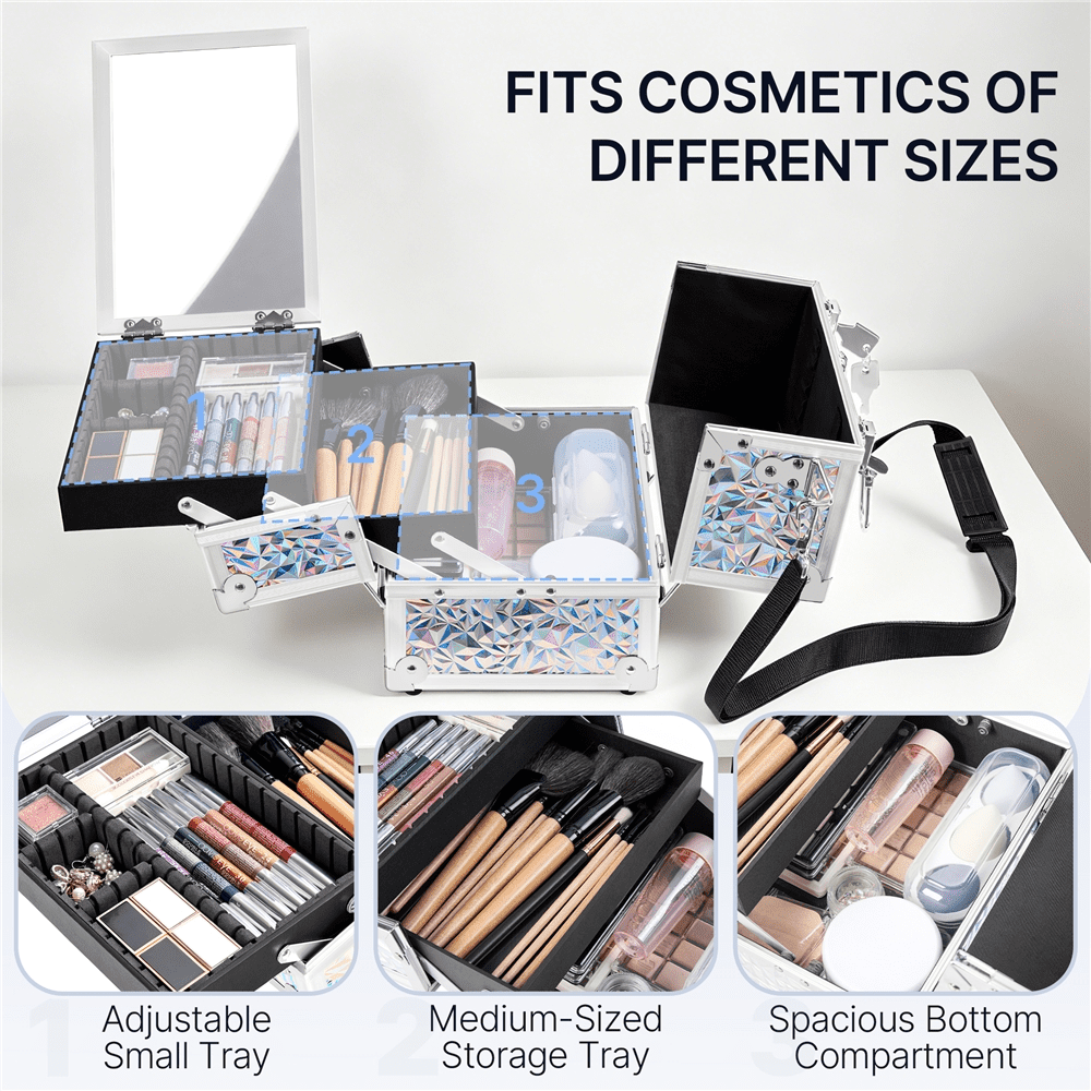 Renwick Portable Makeup Train Case with Mirror and 2 Trays, Silver