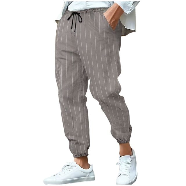 Men's Striped Summer Linen Cropped Pants Thin Basic Loose Cinch Bottom Trousers Elastic Waist Drawstring Beach Pants