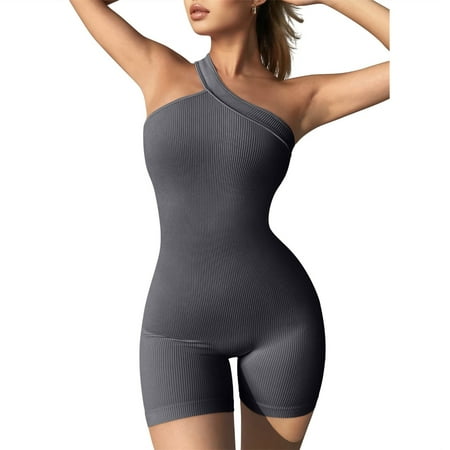 

YUUZONE Womens Sleeveless Bodycon Jumpsuit One Shoulder Shorts Romper Solid Color Ribbed Knit Tummy-Control Exercise Playsuits