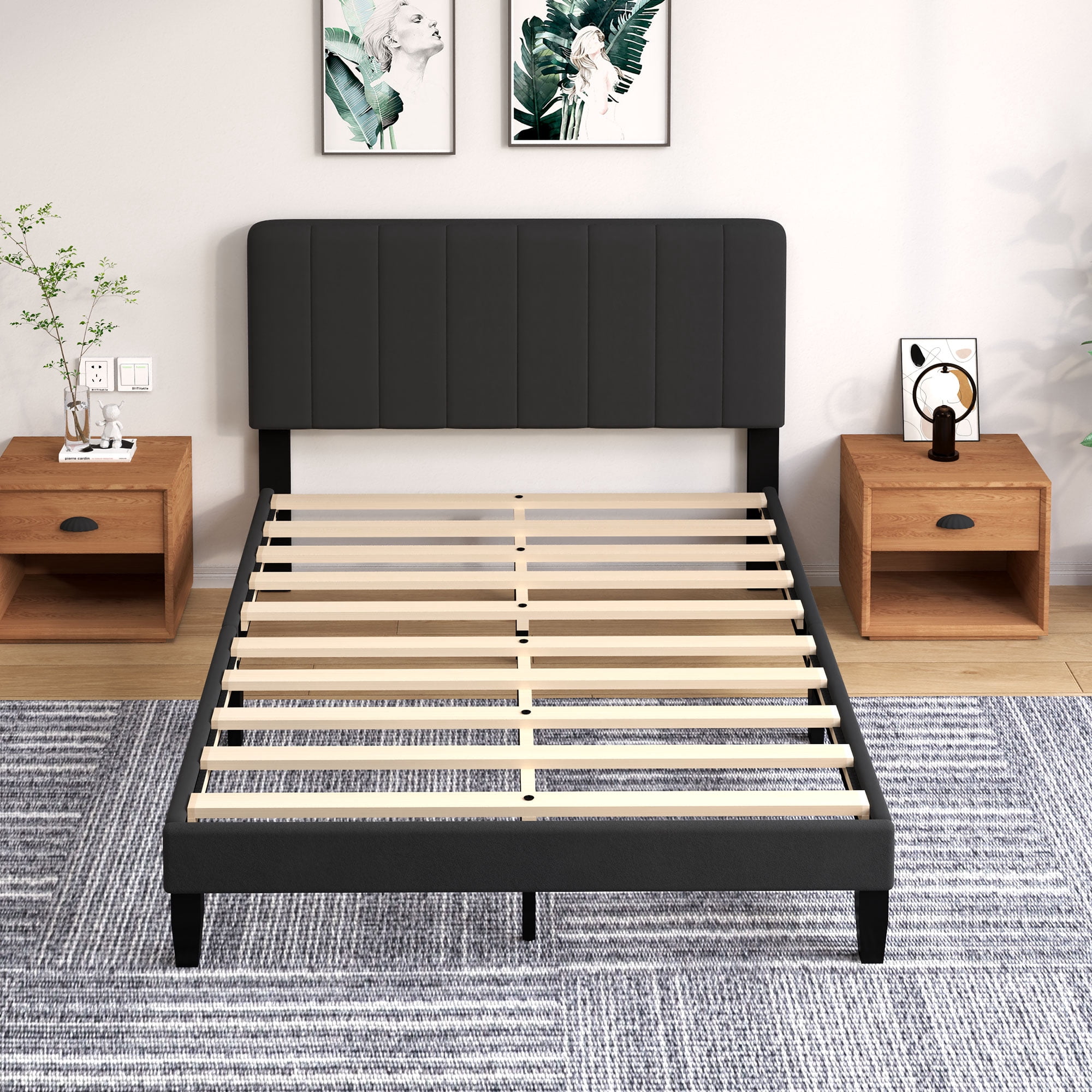 Pingliang Home Queen Size Bed Frame with Adjustable Upholstered Headboard&Wood Slats Support,Black