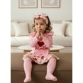 thumbnail image 4 of BemeyourBBs Newborn Baby Girl My First Valentines Day Outfit Long Sleeve Letters Heart Printed Romper Ruffle Skort Skirt Set Headband and Stockings 4Pcs Spring Clothes, 4 of 9