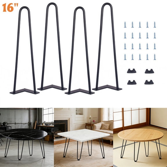 16" Hairpin Table Legs Set of 4, Black, Standard Height Heavy Duty Carbon Steel Legs for Desks, Dining Tables, Sofa Tables & DIY Builds