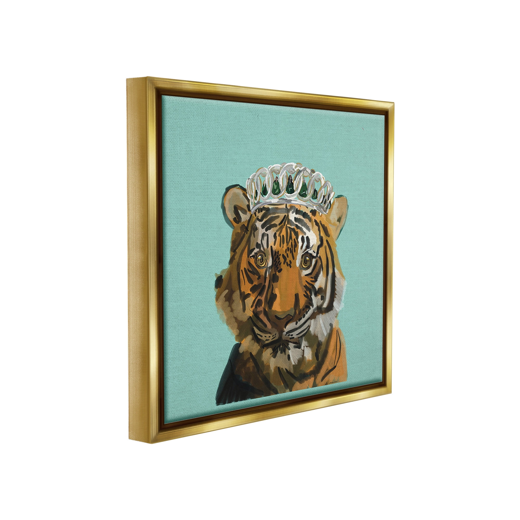 Stupell Industries Tiger Wearing Crown Animals & Insects Painting Gold Floater Framed Canvas Art Print Wall Art, 18 x 18