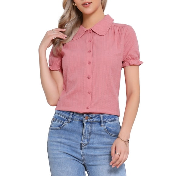 Allegra K Women's Peter Pan Collar Shirt Cotton Vintage Short Sleeve Button Down Shirt Dark Pink XS