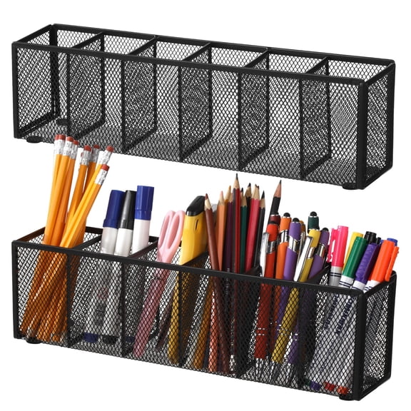 2 Pcs Metal Mesh Pen Holder, 6 Compartments Pencil Caddy, Large Capacity Desk Organizer with Anti-Slip Pads, Desktop Stationery Storage Box for Home, Office