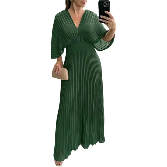 CHICME Dresses for Women Pleated Deep V-Neck Batwing Sleeve Backless Tied High Waist Slim Zipper Maxi Dress Green-S