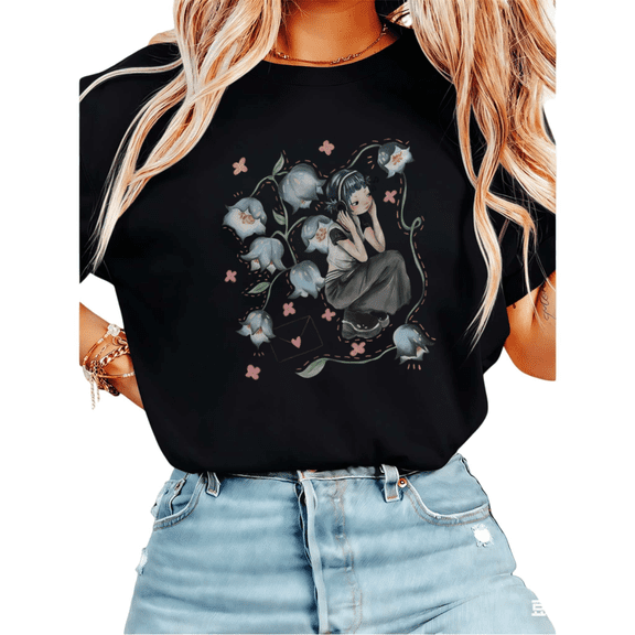Women Cottagecore Anime Girl Bluebell Flower Graphic Tees T-Shirt Tops Round Neck Cotton T-Shirt Black S-5XL