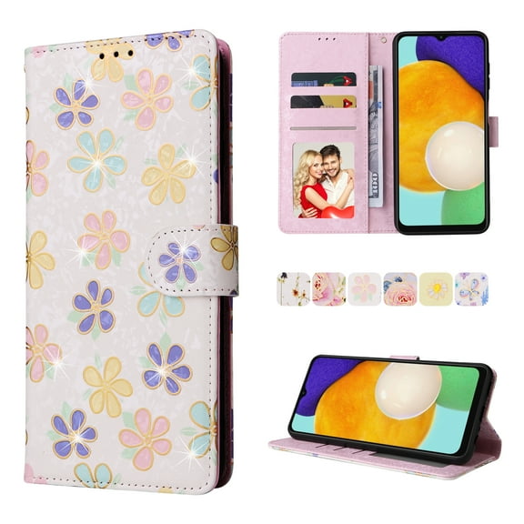 SaniMore for Samsung Galaxy A14 5G PU Leather Case with Luxury Flower for Girls Women Stand Feature Card/Cash Slots Detachable Wrist Strap Magnetic Clasp All-inclusive Case, Small Flowers