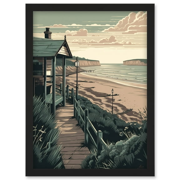 Summer Beach House Coastal Landscape Illustration Artwork Framed Wall Art Print A4