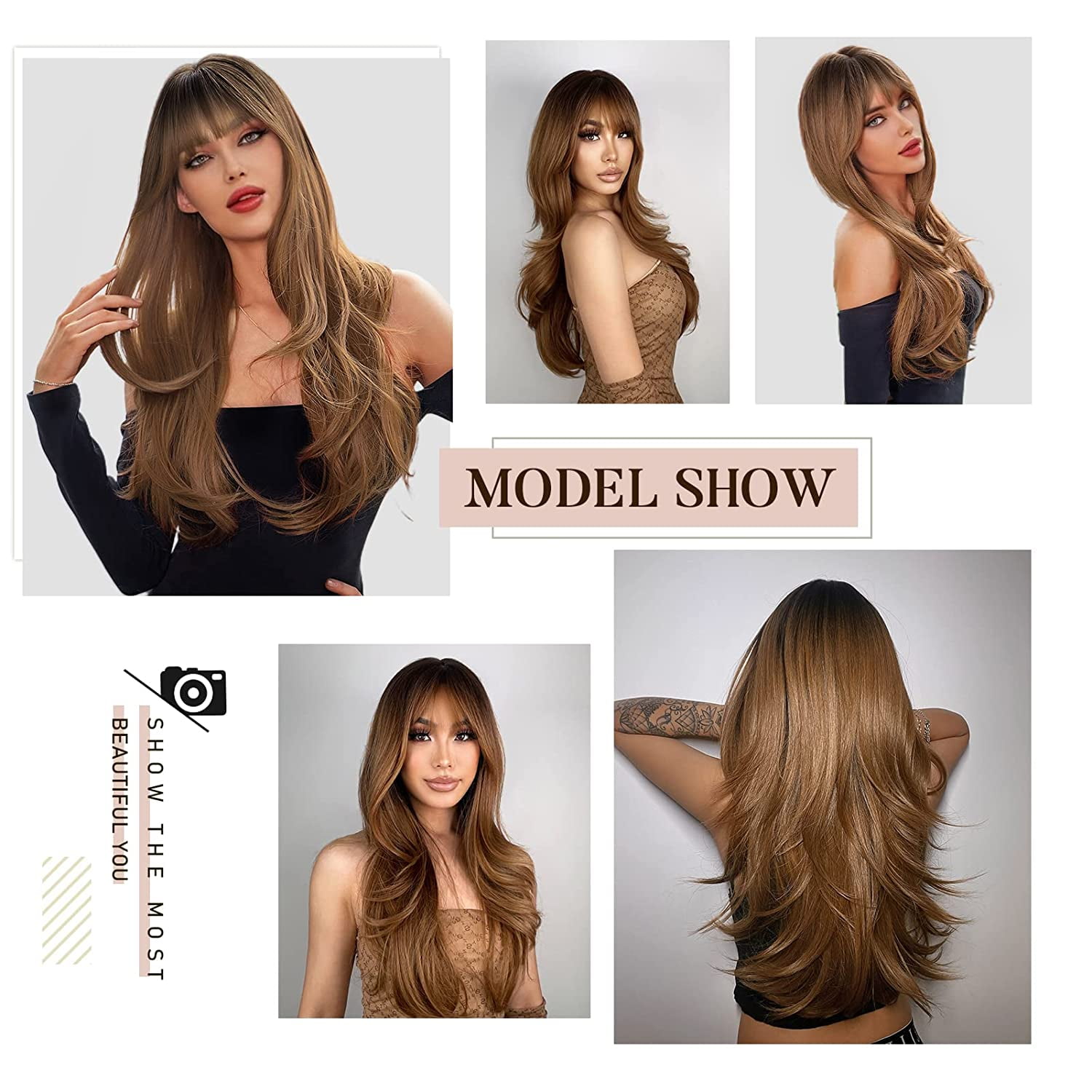 DOPI Light Brown Wigs for Women Brown Wig with Bangs 24‘’Ombre Brown Wig with Dark Roots Long Layered Wig Heat Resistant Synthetic Wig Natural Looking Wigs for Daily Party Use