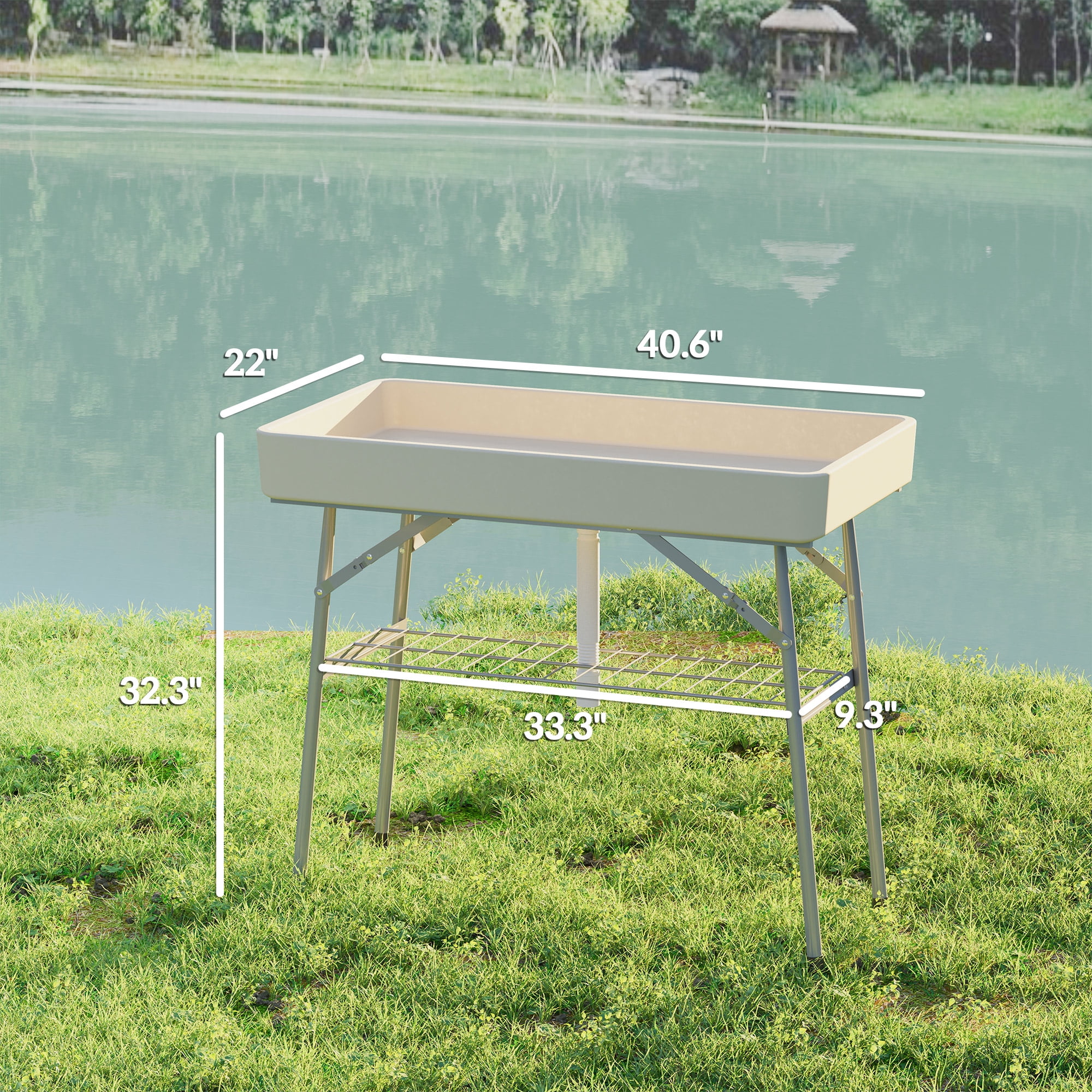 Outsunny 3.4ft Folding Ice Cooler Table with Drain, Fill and Chill Table with Storage Shelf, Drink Cooler for Parties Picnic BBQ Camping Wedding Tan