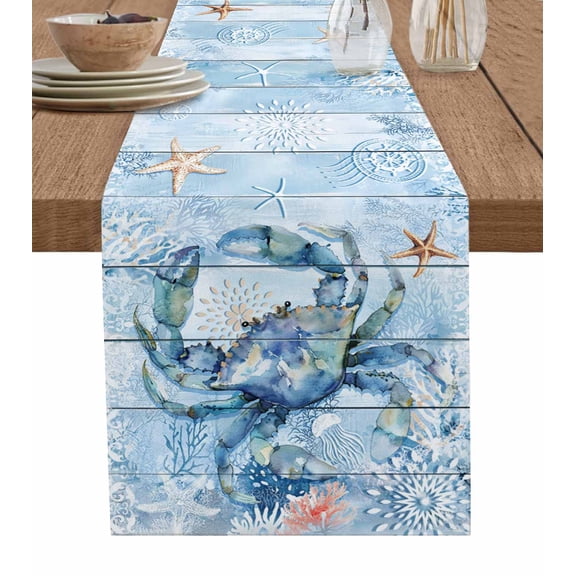 Coastal Blue Crab Table Runner Cotton Linen 60 Inch Holiday Dresser Scarves, Ocean Nautical Starfish Coral Wooden Tablerunner for Kitchen Coffee Dining Bedroom Dinner Scarf Décor 13''x60''