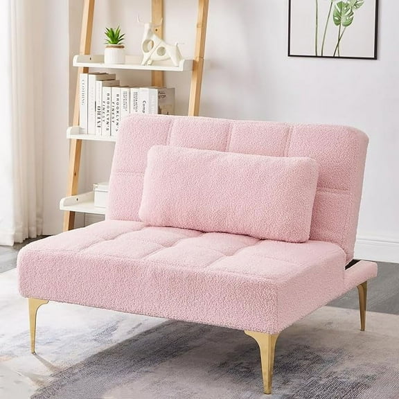 Convertible single sofa bed futon with gold metal legs teddy fabric (Pink)