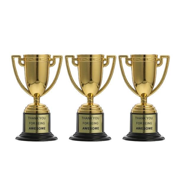 KAKOWELY 3 mini trofeos dorados, trofeos de plástico para niños, copas, premios para estudiantes, accesorios para el aula, concursos, premios, ceremonias, recuerdos de fiesta.