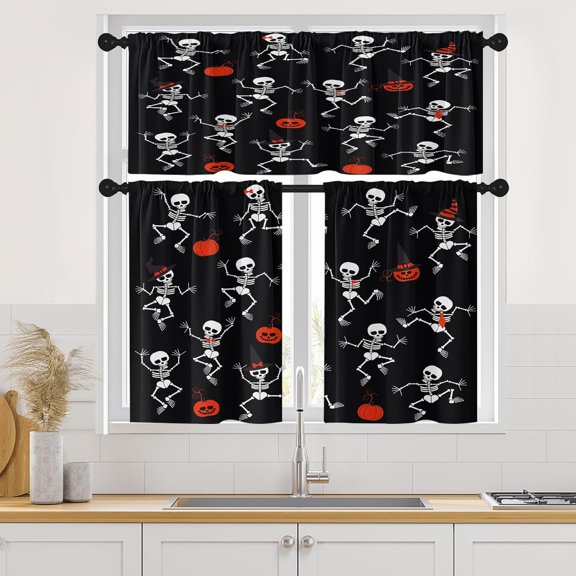 Halloween Pumpkin Skull Kitchen Curtains Funny Spooky Horror Scary Skeletons Window Curtains Valance and Tier Set 36 Inch Rod Pocket Short Tier Curtain for Room, Cafe Kitchen Decor