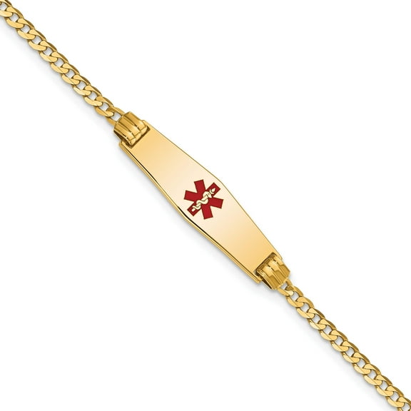 14K Yellow Gold Medical Soft Diamond Shape Red Enamel Curb Link Id Bracelet (7 X 7.5) Made In United States xm551cc-7