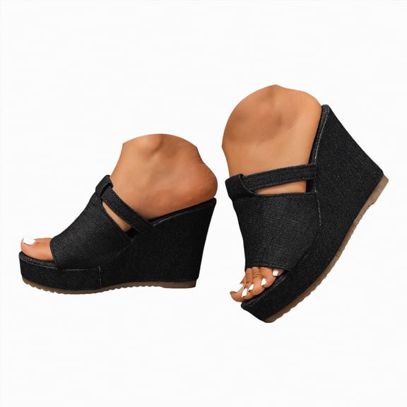 Rotm Strap Sandals Women's Low Wedge Heels Summer Dressy Platform Sandals Elastic Ankle Strap Open Toe Flower Shoes Black,8