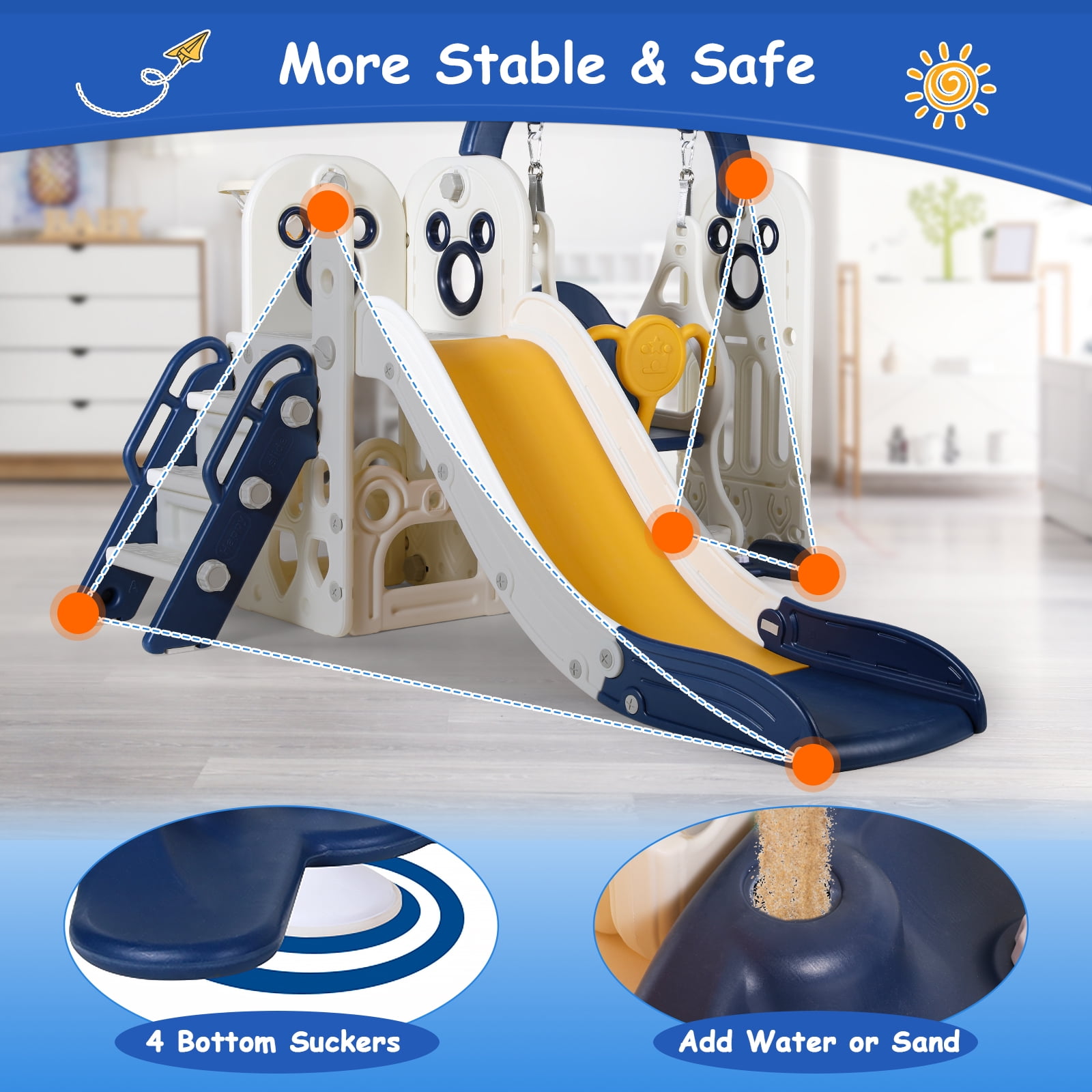 LAZY BUDDY 5-in-1 Slide and Swing Set for Toddlers, Kids Slide Climber Playset with Basketball Hoop, Indoor/Outdoor Playground