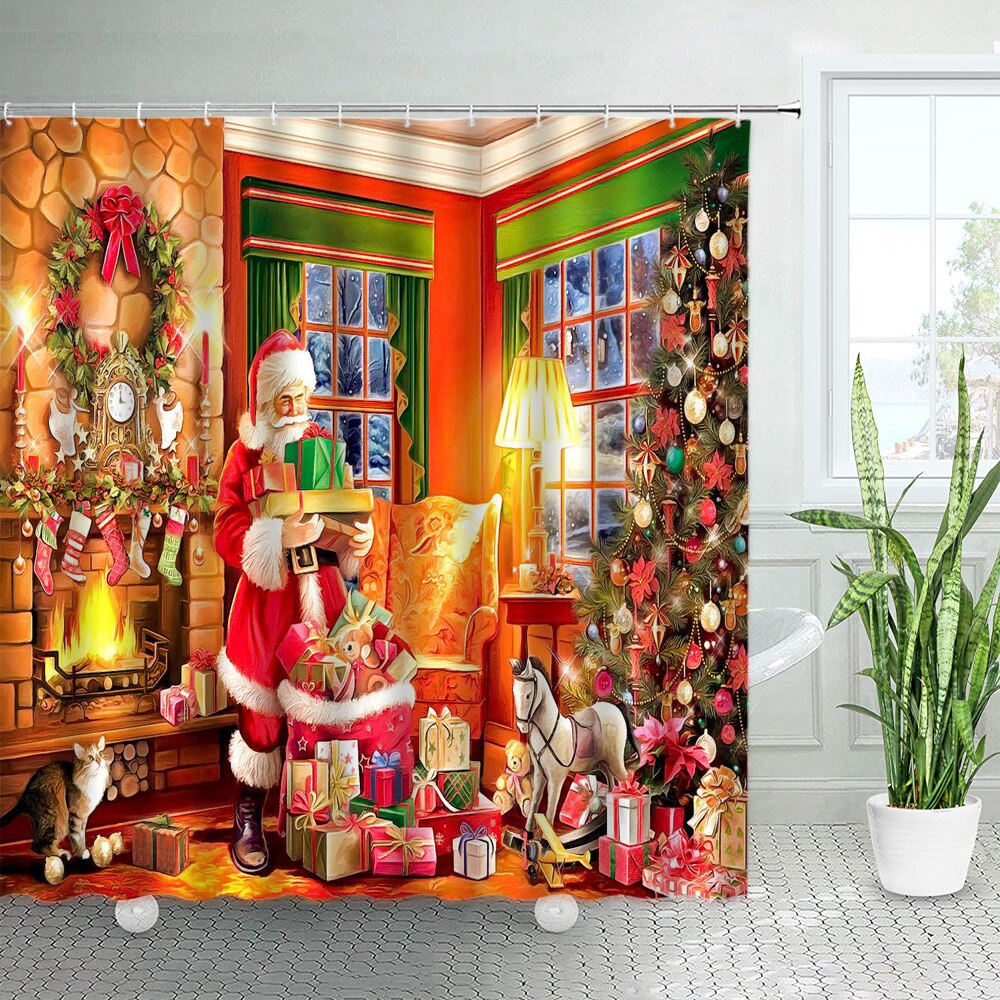 Funny Santa Claus Cat Dog Christmas Shower Curtains Retro Xmas House