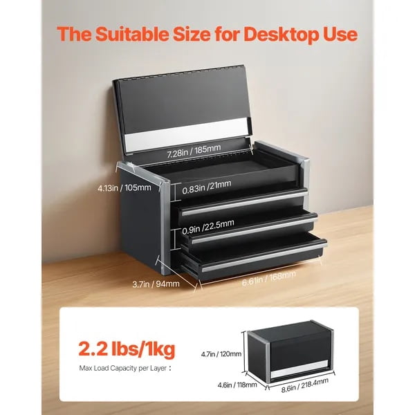 Metal Tool Box, 8.6 inch Portable Metal Tool Box with 3 Drawers, Small Tool Chest with EVA Liners and PP Feet Pads, Heavy-Duty Steel With Ball Bearing Opening and Powder Coated Finish, Black
