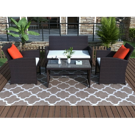 Outdoor Patio Furniture Set 4 Piece Seating All Weather Wicker Conversation With Cushion Tempered Glass Table Top Brown Accuweather - All Weather Outdoor Patio Furniture Sets