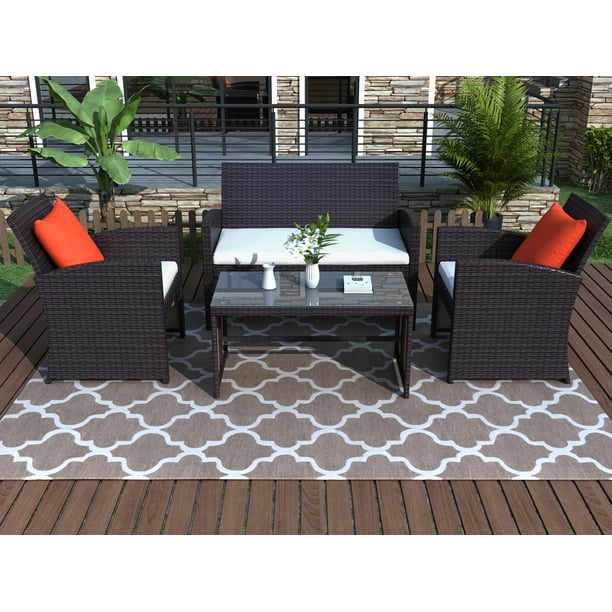 Patio Loveseat Armchair Conversation Set With Coffee Table All Weather Outdoor Furniture Cushions Brown 4 Pieces Com Patio Loveseat Armchair Conversation, Outdoor Patio Furniture Supplies
