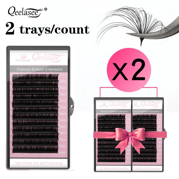 Qeelasee 2 pcs Matte Black False Eyelash Extensions 0.03mm Soft Volume Fan Individual Lashes Supplies D Curl 8-15 mm