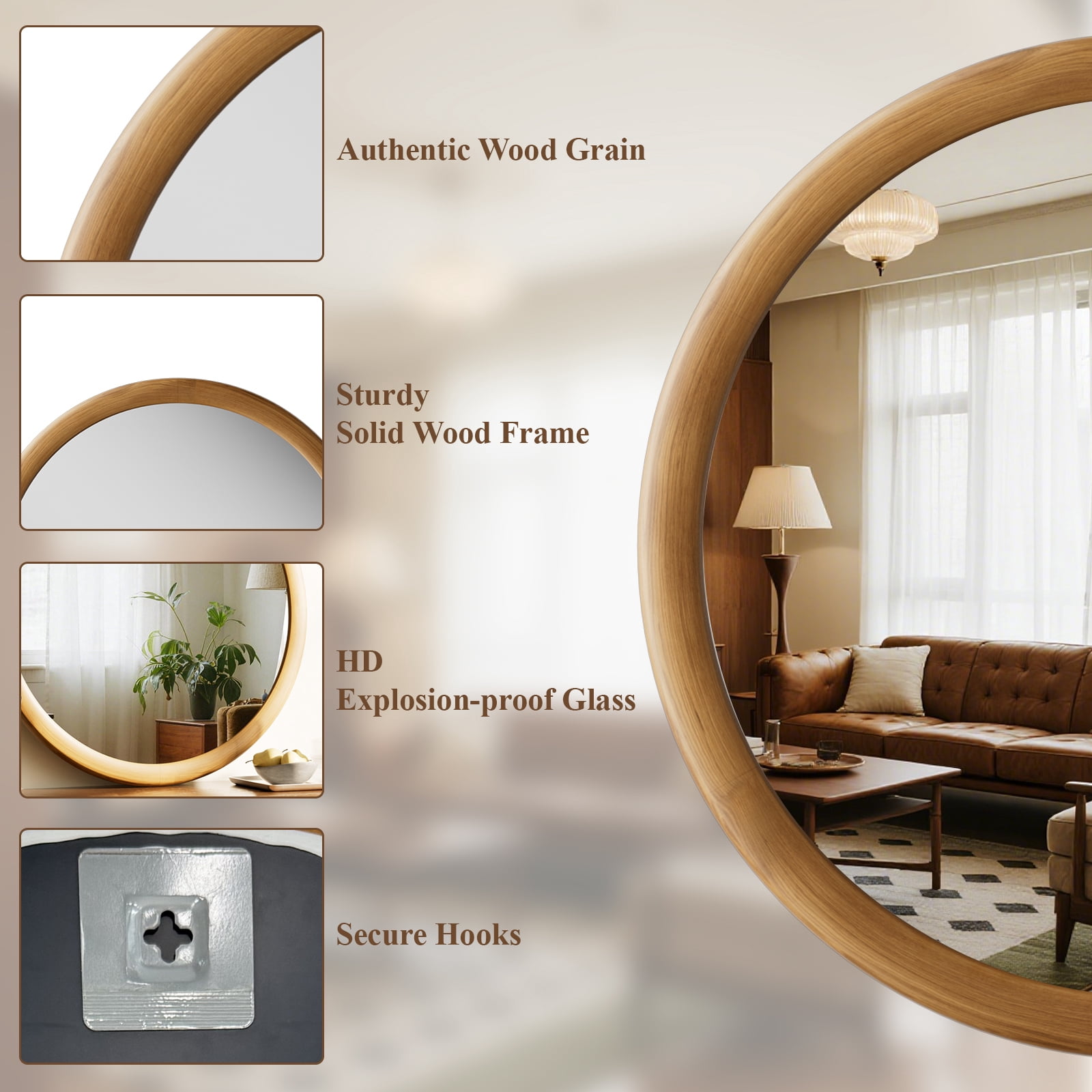 Easy4Home 24" x 24" Round Bathroom Mirror Wall Decor with Wooden Frame, Natural Wood