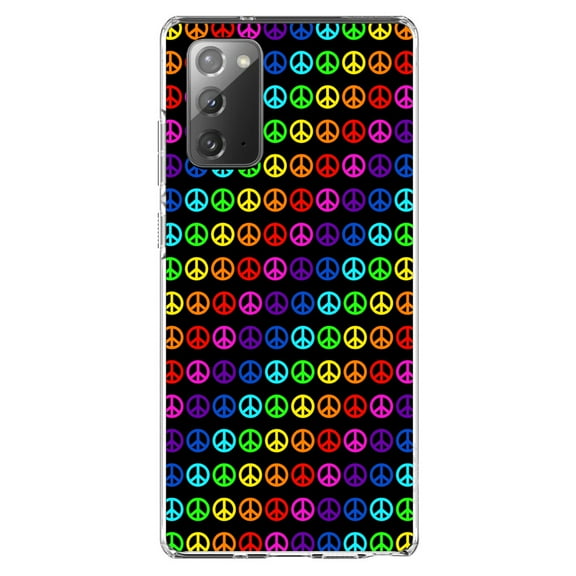 DistinctInk Clear Shockproof Hybrid Case for Samsung Galaxy Note 20 (6.7" Screen) - TPU Bumper, Acrylic Back, Tempered Glass Screen Protector - Black Rainbow Peace Signs