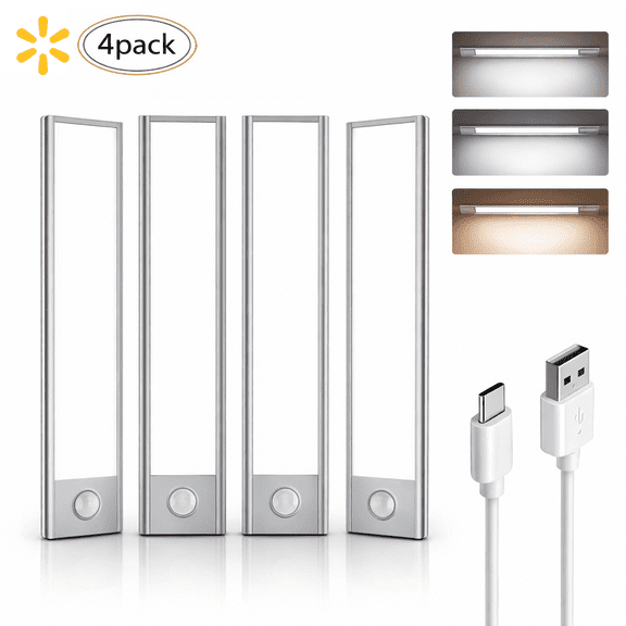 ELORTI 4-Pack Rechargeable Under Cabinet Lighting, 8-inch Wireless Magnetic Motion Sensor LED Lights, Dimmable 3-Color Closet Lighting for Kitchen, Stairs