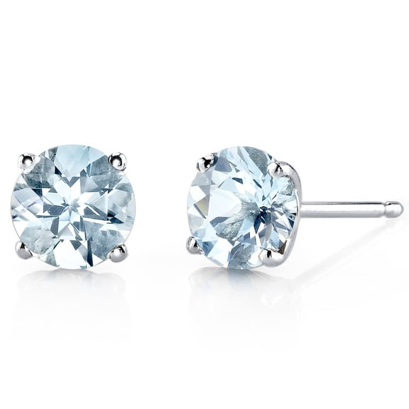 Peora Solid 14K White Gold Aquamarine Stud Earrings for Women, Natural Gemstone Classic Solitaire Round Shape, 6mm, 1.50 Carats total, Friction Back