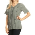 thumbnail image 3 of Sakkas Estella Womens Short Sleeve V neck Button Down Top Blouse with Embroidery - Light Grey - Medium, 3 of 5