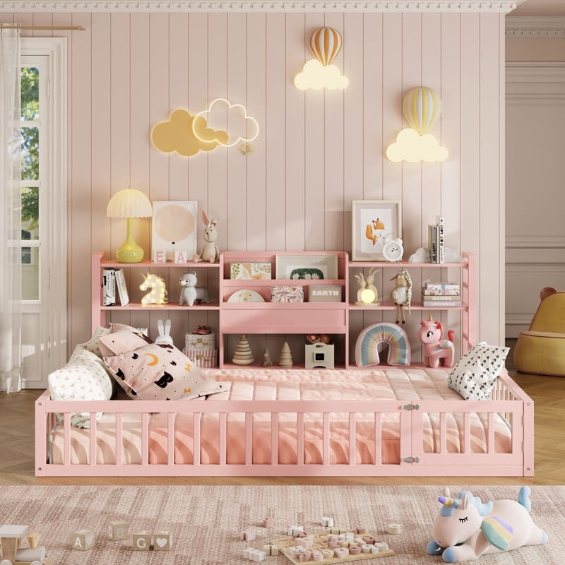 Full Size Floor Bed Platform Bed with Side Bookcase and 3-Tier Storage Shelves, Solid Wood Low Profile Montessori Floor Bed with Safety Guardrails for Kids, Boys, Girls