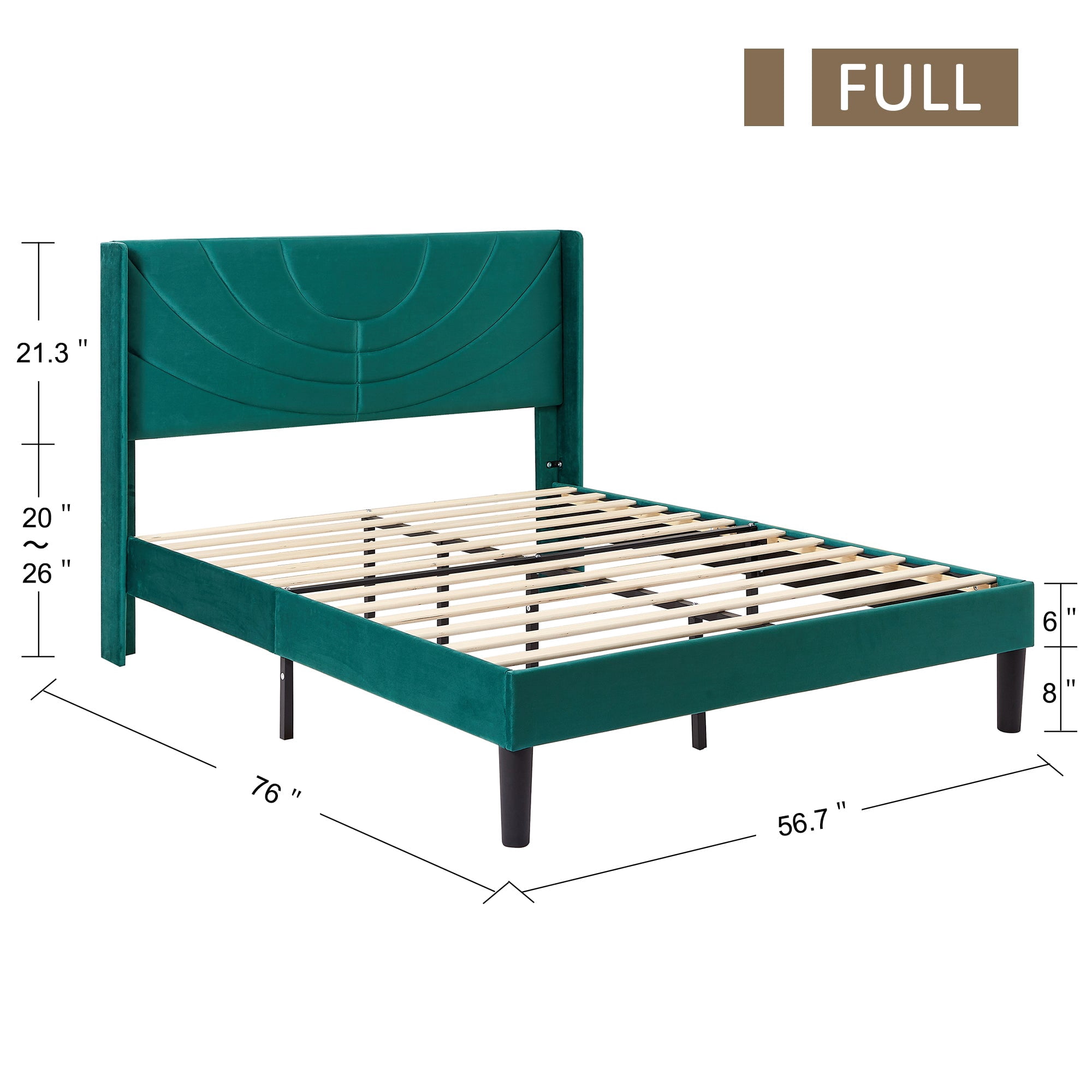 Taomika, Full Size Upholstered Height-adjustable Platform Bed Frame with Wingback Headboard-Dark Green