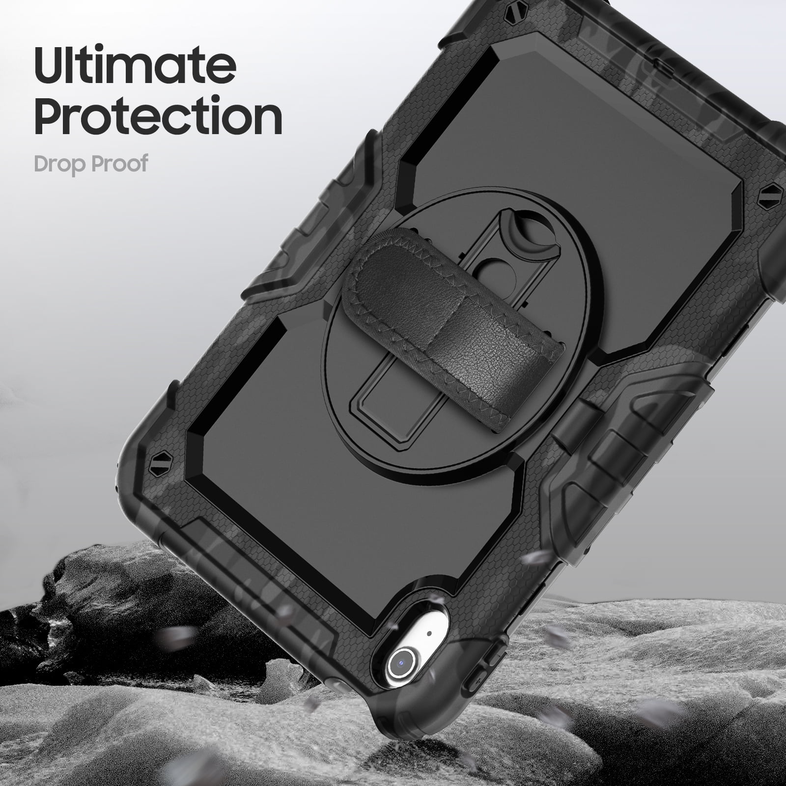 ELEHOLD Rugged Case for iPad 11th(A16) 2025/10th 2022, 360° Rotating Kickstand Hand Shoulder Strap Pencil Holder Built-in Screen Protector Full-Body Shockproof Protective Cover,Black