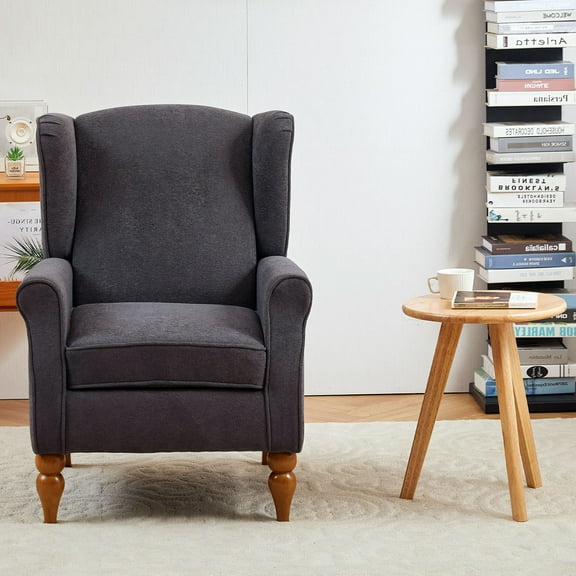S-HOME Classic Wing-Back Armchair And Solid Wood Coffee Table Set And Natural Finish For Living Space, Antique Dark Grey