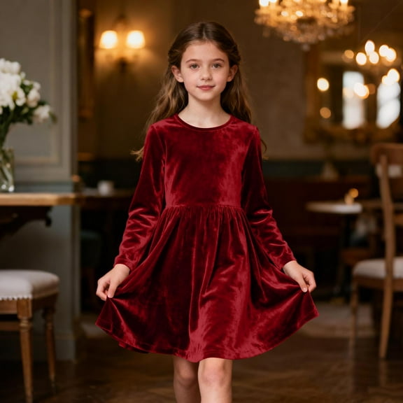 Tdoqot Girls Velvet Party Dresses- Elegant Long Sleeve Soft Crewneck Kids Winter Midi Dress Red Size 5-14