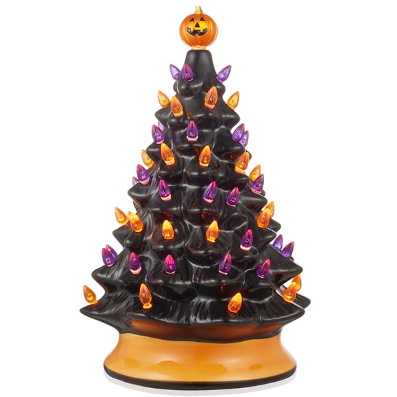 15" Hand Painted Ceramic Halloween Tree, Pre-Lit Decoration with 128 Multi-Color Lights, Jack-O-Lantern and Star Toppers