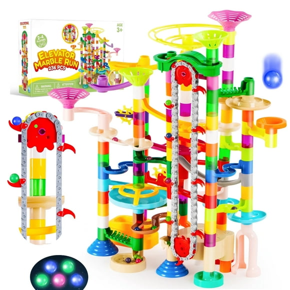 Joyfy 236 Pcs Glowing Marble Run with Motorized Elevator, Construction Building Blocks Toys with 30 Glow in The Dark Marbles, STEM Educational Toys Set for Boys and Girls Kids for Christmas