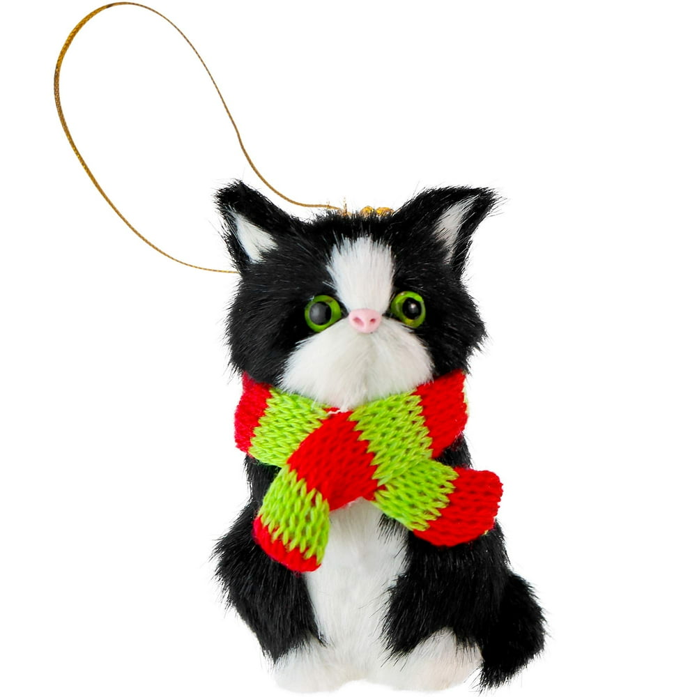 Ornativity Christmas Mini Cat Ornament - Furry Black Kitten with Scarf