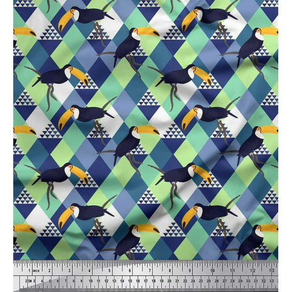 Soimoi Poly Georgette Fabric Check & Toucan Bird Print Fabric by The Yard 52 Inch Wide