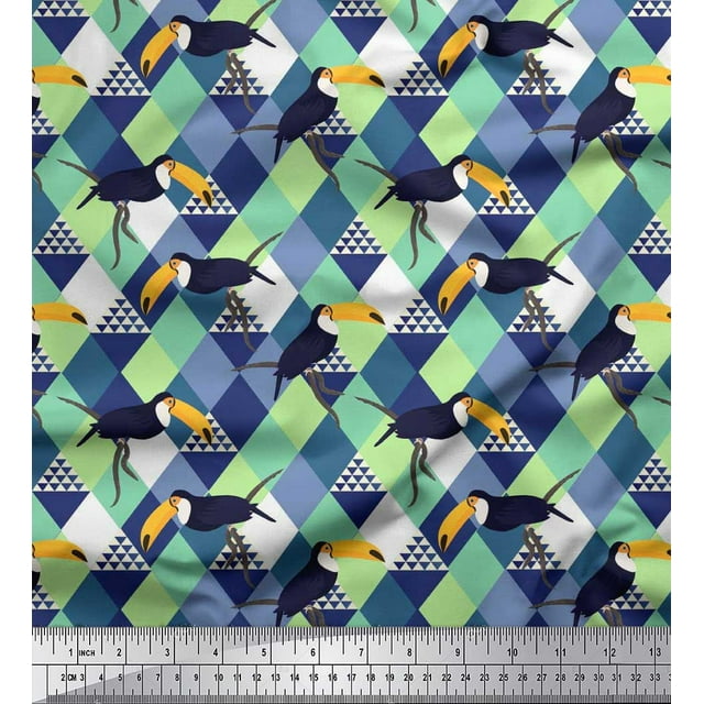 Soimoi Rayon Fabric Check & Toucan Bird Printed Craft Fabric by The Yard 56 Inch Wide