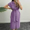 thumbnail image 2 of Up to 60% Off! pstuiky Womens Dresses, Women Short-Sleeved Lapel Dress Solid Color Lace-Up Dress Button up Shirt Dress Leisure Purple XXL, 2 of 5