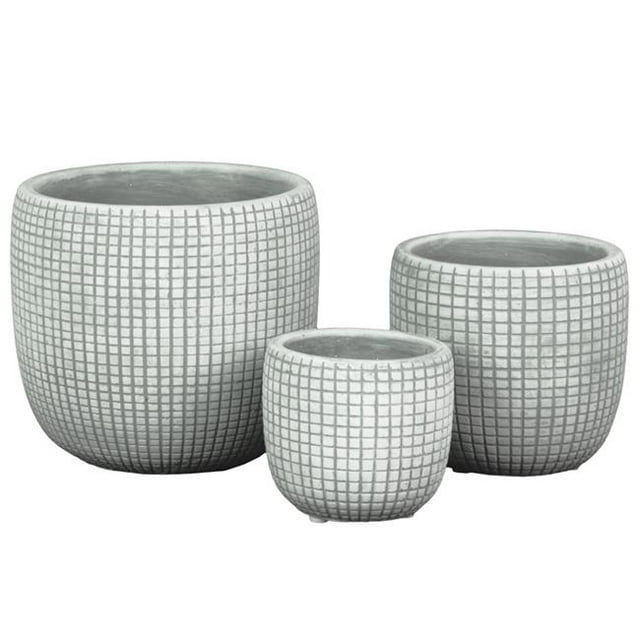 Benjara BM208381 Pot de Ciment Rond avec Gravure en Treillis Carré Texturé - Gris - Lot de 3