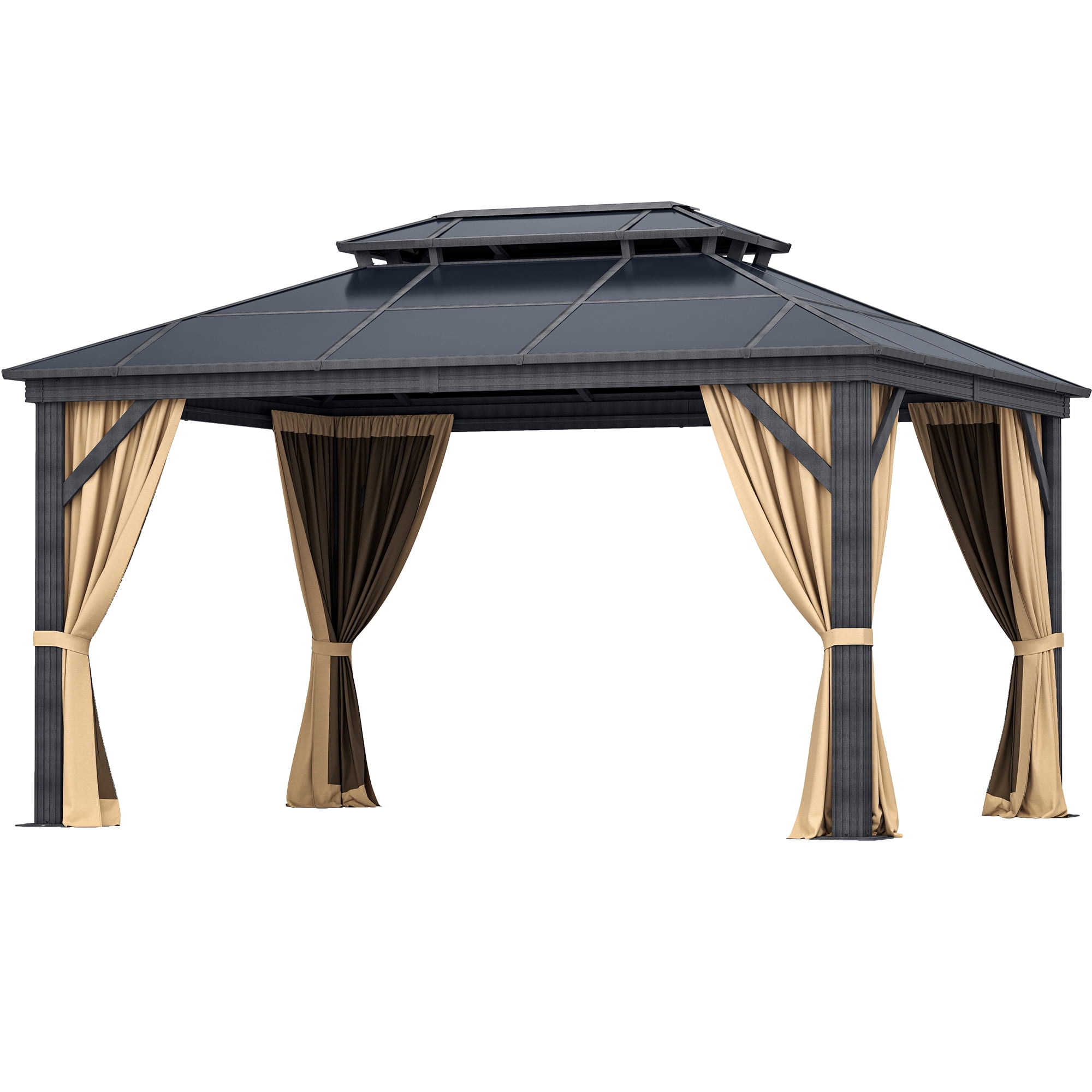 Dextrus 10'x12' Outdoor Hardtop Polycarbonate Gazebo with Nettings & Brown Curtains,Heavy Duty Double Roof Aluminum Frame Polycarbonate Canopy, Sunshade for Garden, Patio, Lawns, Black&Brown