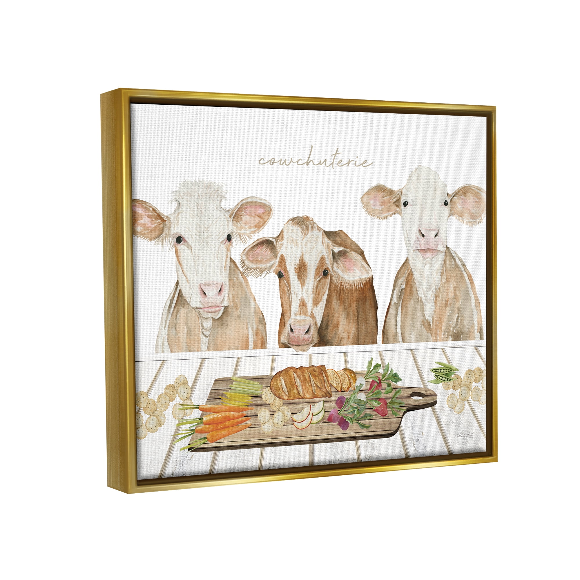 Stupell Industries Cowchuterie Funny Cows Animals & Insects Painting Gold Floater Framed Art Print Wall Art, 31 x 25