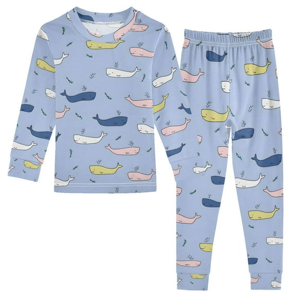 joogoo Cute Whale Hand Draw 2 Piece Long Sleeve Tee and Pants Cotton Pajama Set 5Y