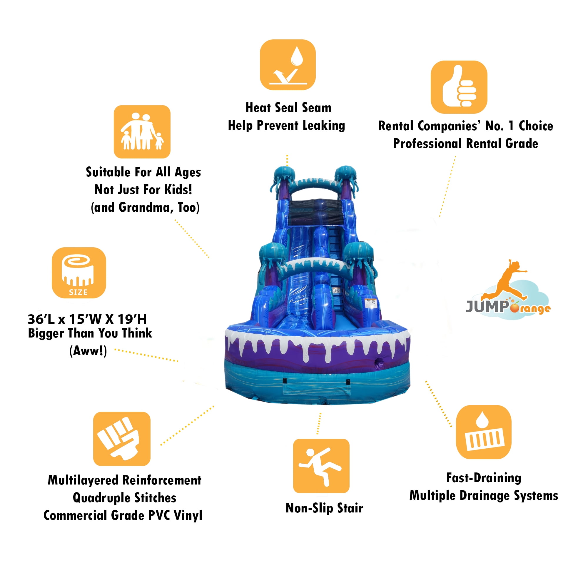 JumpOrange 19’ Electric Commercial Grade Water Slide with Splash Pool for Kids and Adults (with Blower), Outdoor Indoor, Wet Dry Use, Tall Inflatable