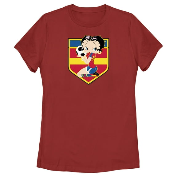 Women's Betty Boop Spain Blue Soccer Badge  Graphic Tee Red Medium