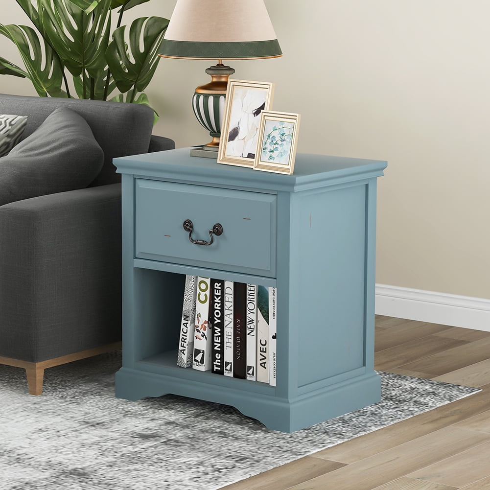 Lowestbest Modern Solid Wood Bedside Table, Living Room Side Table Coffee Table with 1 Drawer, Blue Lowestbest Modern Solid Wood Bedside Table, Living Room Side Table Coffee Table with 1 Drawer, Blue
